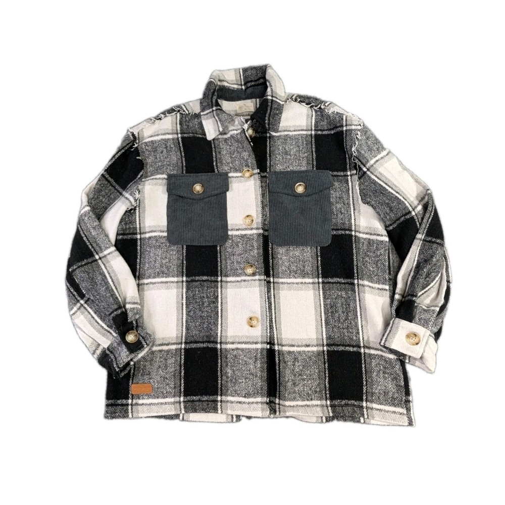 Simply Southern Flannel Shirt Womens M Black White Plaid Western Grunge Layer